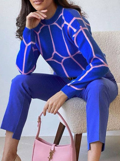 VividLux - Long Sleeves Loose Geometric Round-Neck Knitwear Pullovers Sweater Tops: BLUE / L VividLux