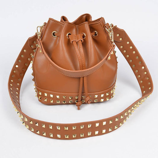 - Studded Bucket Cross Body Bag: Camel