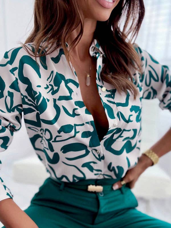 VividLux - Long Sleeves Loose Printed Lapel Blouses: GREEN / XL VividLux