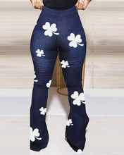 Load image into Gallery viewer, Shamrock print high waist flared leg jeans: DARK BLUE Bodi Language for Women

