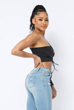 Load image into Gallery viewer, Yoga Fabric One Shoulder Front Open Tie Crop Top: Black
