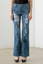 Load image into Gallery viewer, Graphic Print Flare Jeans: Dark Denim Blue Bodi Language for Women
