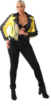 Load image into Gallery viewer, Plus size faux leather grommets jacket Yellow/black Bodi Language for Women
