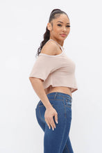 Load image into Gallery viewer, French Terry Solid Shoulder Cut Out Detail Half Sleeve Top-Khaki
