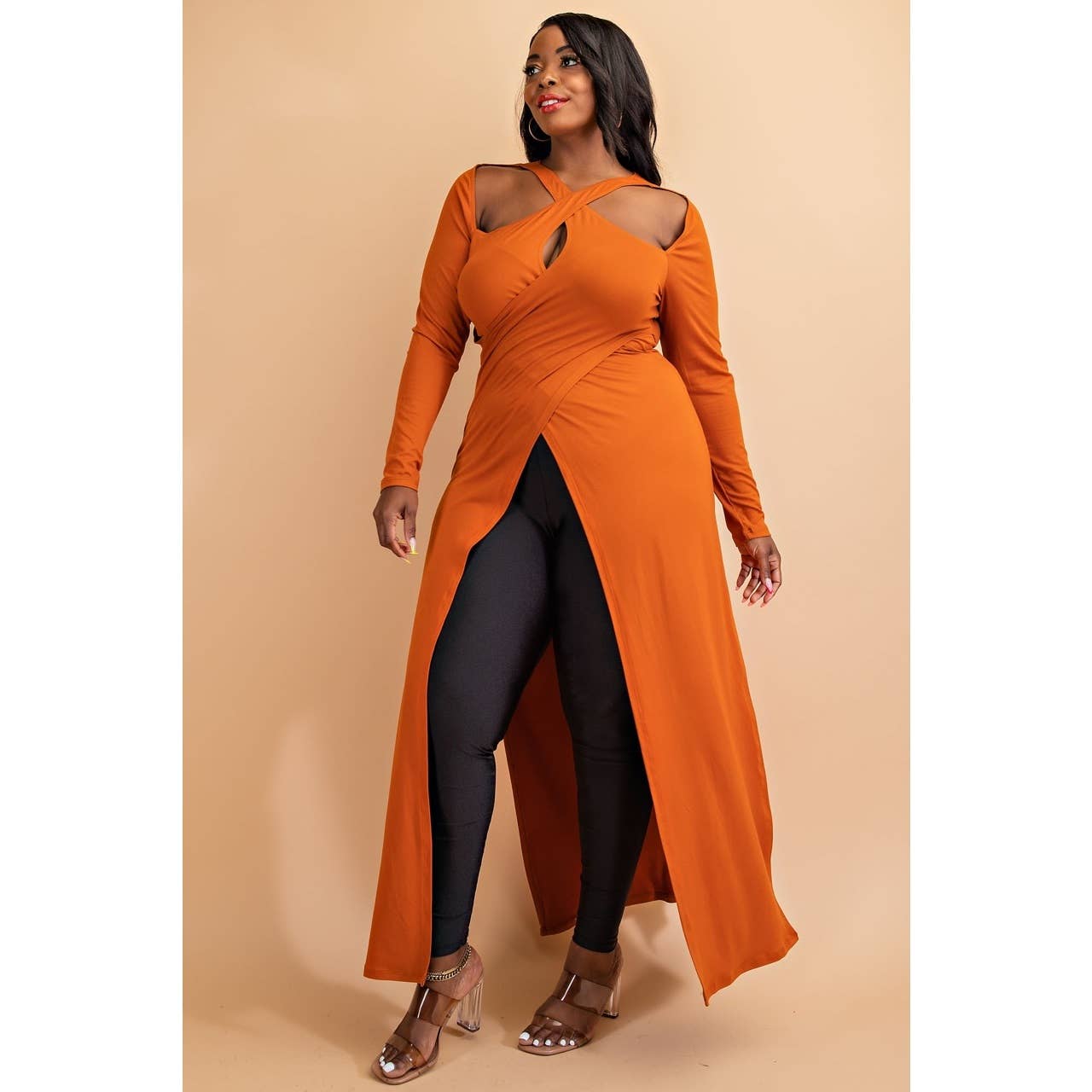 PLUS CRISS CROSS KEYHOLE CUT OUT LONG SLEEVE MAXI TOP: Royal