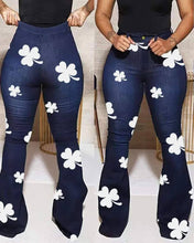 Load image into Gallery viewer, Shamrock print high waist flared leg jeans: DARK BLUE Bodi Language for Women

