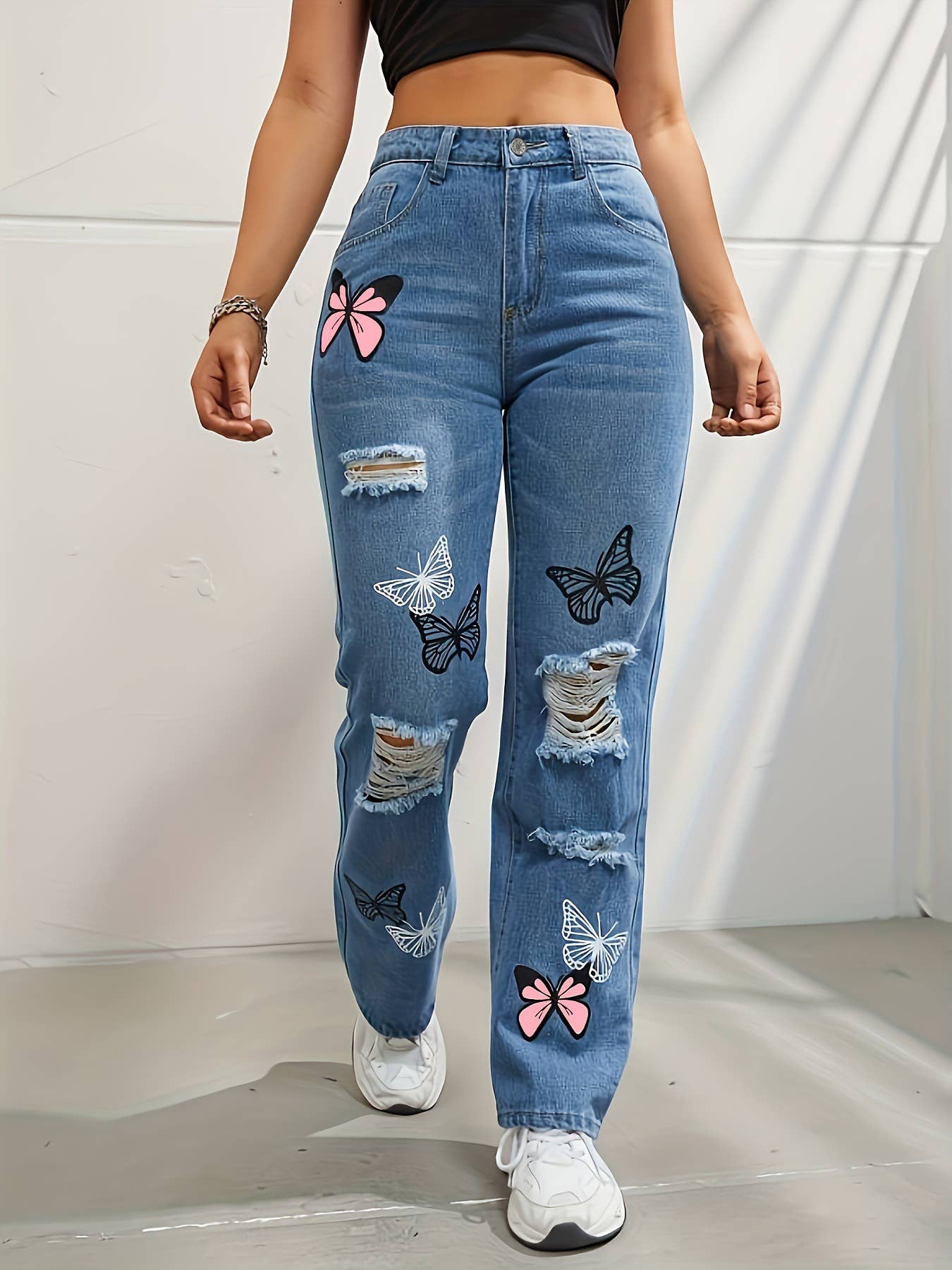 Tourtiwi - Women's butterfly print ripped high waist denim trousers: Blue / XL