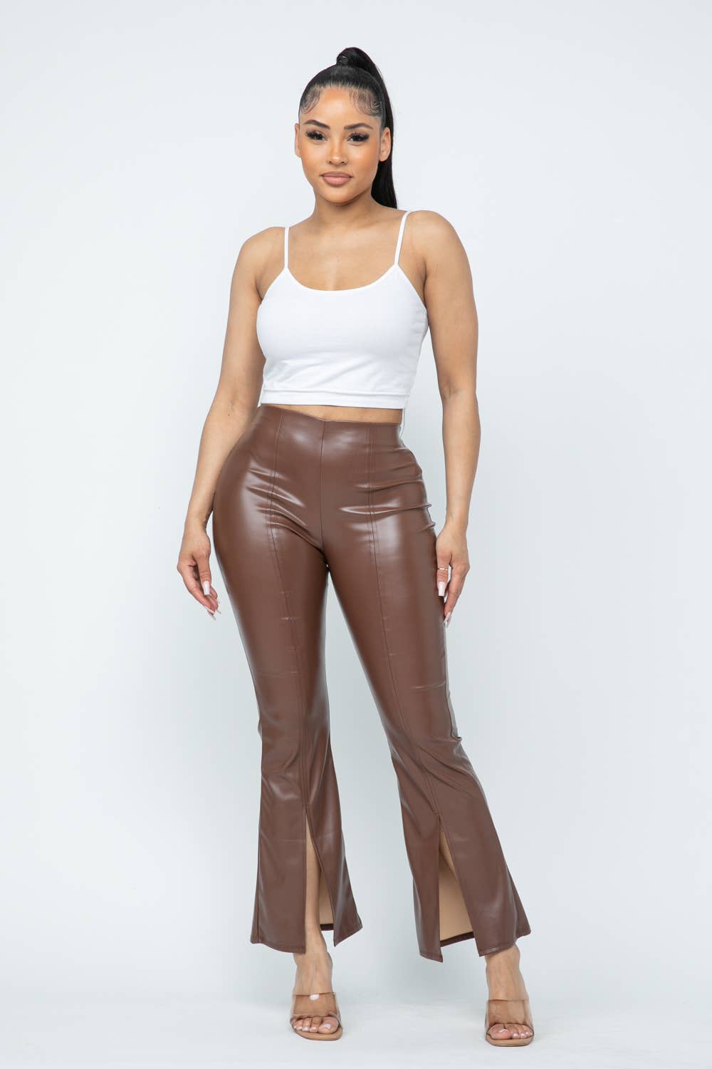 Pu Leather High Waisted Front Slit Hem Back Zipper Pants: Coffee Julia by LoveJ