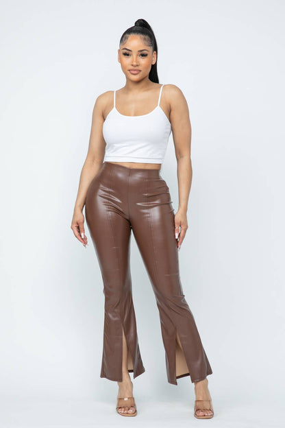 Pu Leather High Waisted Front Slit Hem Back Zipper Pants: Coffee Julia by LoveJ