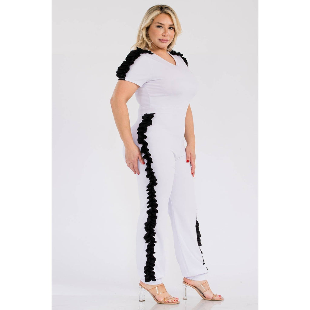 PLUS WHITE AND BLACK RUFFLE DETAIL JUMPSUIT : WHITE Bodi Language for Women