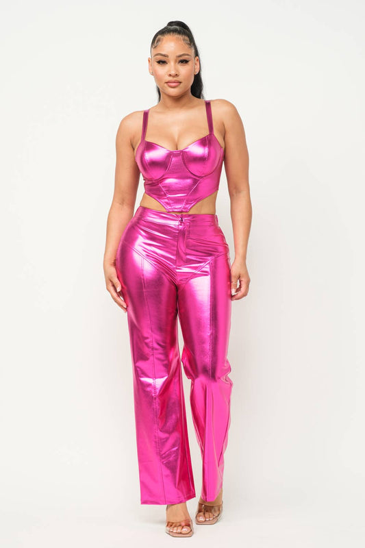Foil Pu Corset Top And Front Button Pants Set: Fuchsia