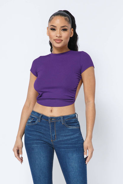 Rib Open Back String Tie Crop Top: Eggplant