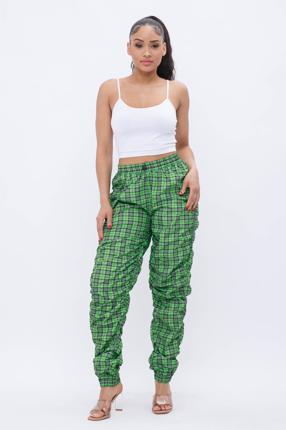Plaid Print Wind Breaker Drawstring Shirring Jogger Pants- Green