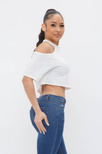 Load image into Gallery viewer, French Terry Solid Shoulder Cut Out Detail Half Sleeve Top- White
