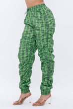 Load image into Gallery viewer, Plaid Print Wind Breaker Drawstring Shirring Jogger Pants- Green
