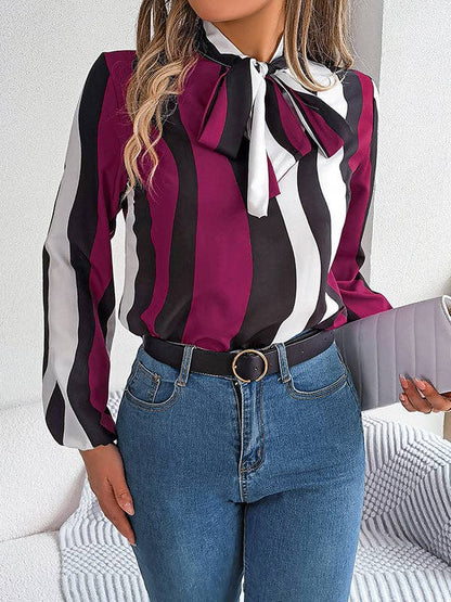VividLux - Long Sleeves Loose Contrast Color Elasticity Striped Tied Mock Neck Blouses&Shirts Tops: BURGUNDY / XL VividLux