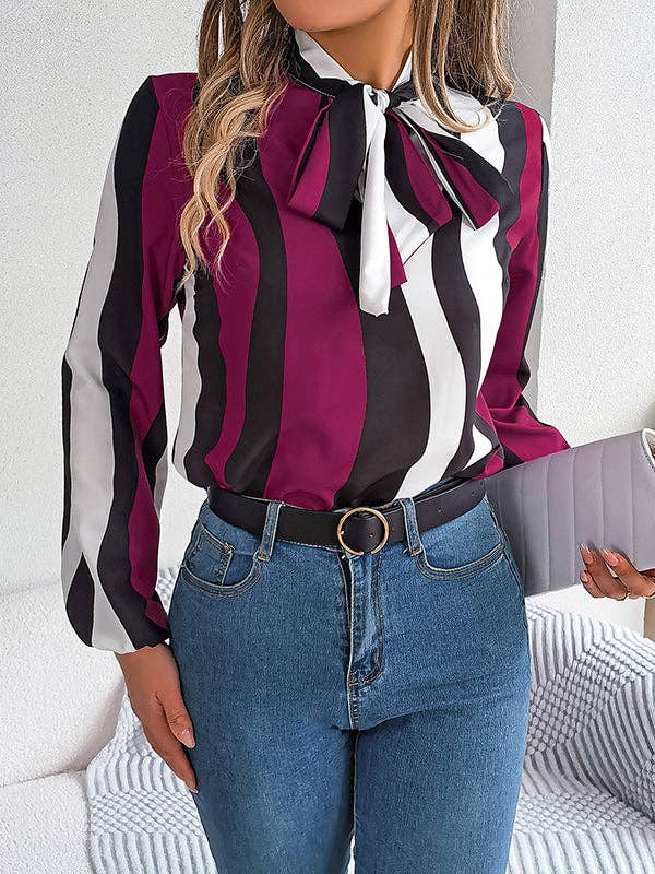 VividLux - Long Sleeves Loose Contrast Color Elasticity Striped Tied Mock Neck Blouses&Shirts Tops: BURGUNDY / L VividLux