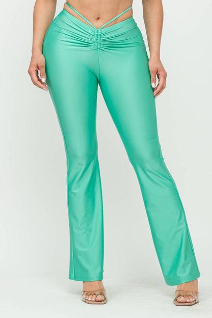 Front Tunnel Shirring Waist Tie Flare Pants: Fuchsia