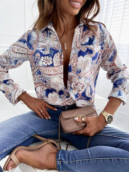 VividLux - Long Sleeves Loose Printed Lapel Blouses: GREEN / XL VividLux