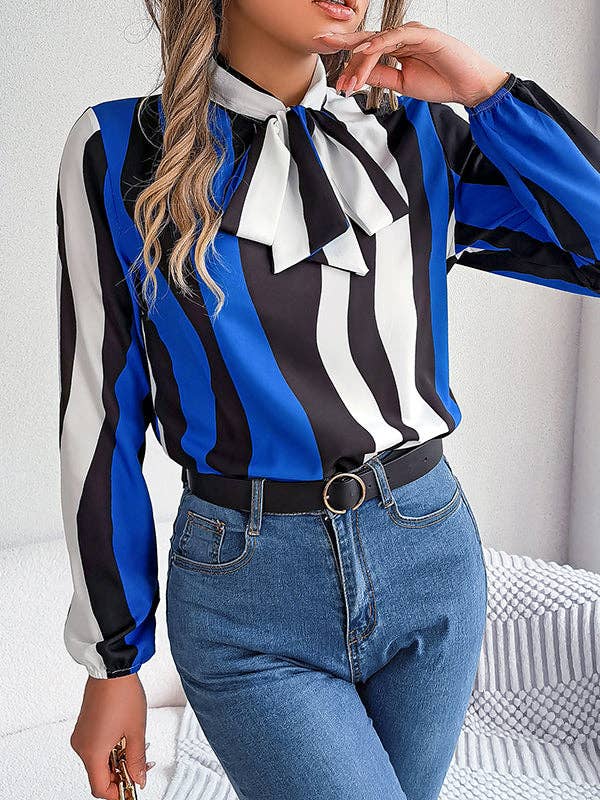 VividLux - Long Sleeves Loose Contrast Color Elasticity Striped Tied Mock Neck Blouses&Shirts Tops: BURGUNDY / XL VividLux