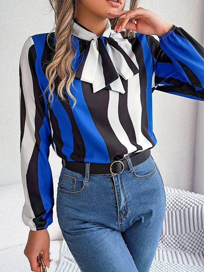 VividLux - Long Sleeves Loose Contrast Color Elasticity Striped Tied Mock Neck Blouses&Shirts Tops: BURGUNDY / XL VividLux