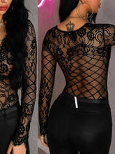 Load image into Gallery viewer, Sexy See-through Long-Sleeved Eyelash Bodysuit: Black / S
