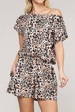Load image into Gallery viewer, OFF SHOULDER ELASTIC WAIST ROMPER: KHAKIBLACKLEO
