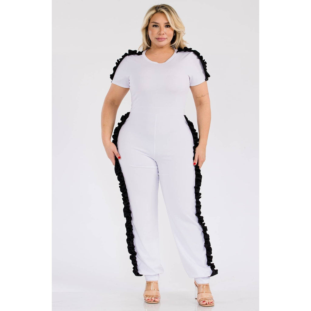 PLUS WHITE AND BLACK RUFFLE DETAIL JUMPSUIT : WHITE Bodi Language for Women