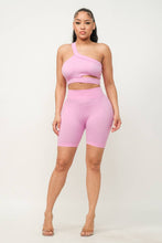 Load image into Gallery viewer, Cut Out One Shoulder Strap Top And Shorts Set: Pink
