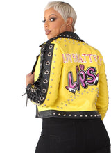 Load image into Gallery viewer, Plus size faux leather grommets jacket Yellow/black Bodi Language for Women
