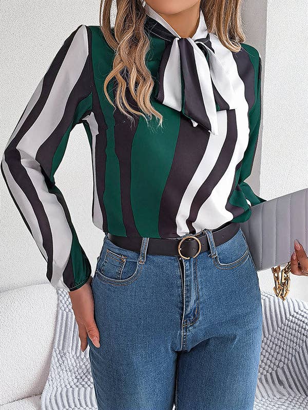 VividLux - Long Sleeves Loose Contrast Color Elasticity Striped Tied Mock Neck Blouses&Shirts Tops: BURGUNDY / XL VividLux