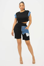 Load image into Gallery viewer, Color Block Denim Sleeve Top And Biker Shorts Set: Fuchsia-Denim
