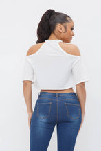 Load image into Gallery viewer, French Terry Solid Shoulder Cut Out Detail Half Sleeve Top- White
