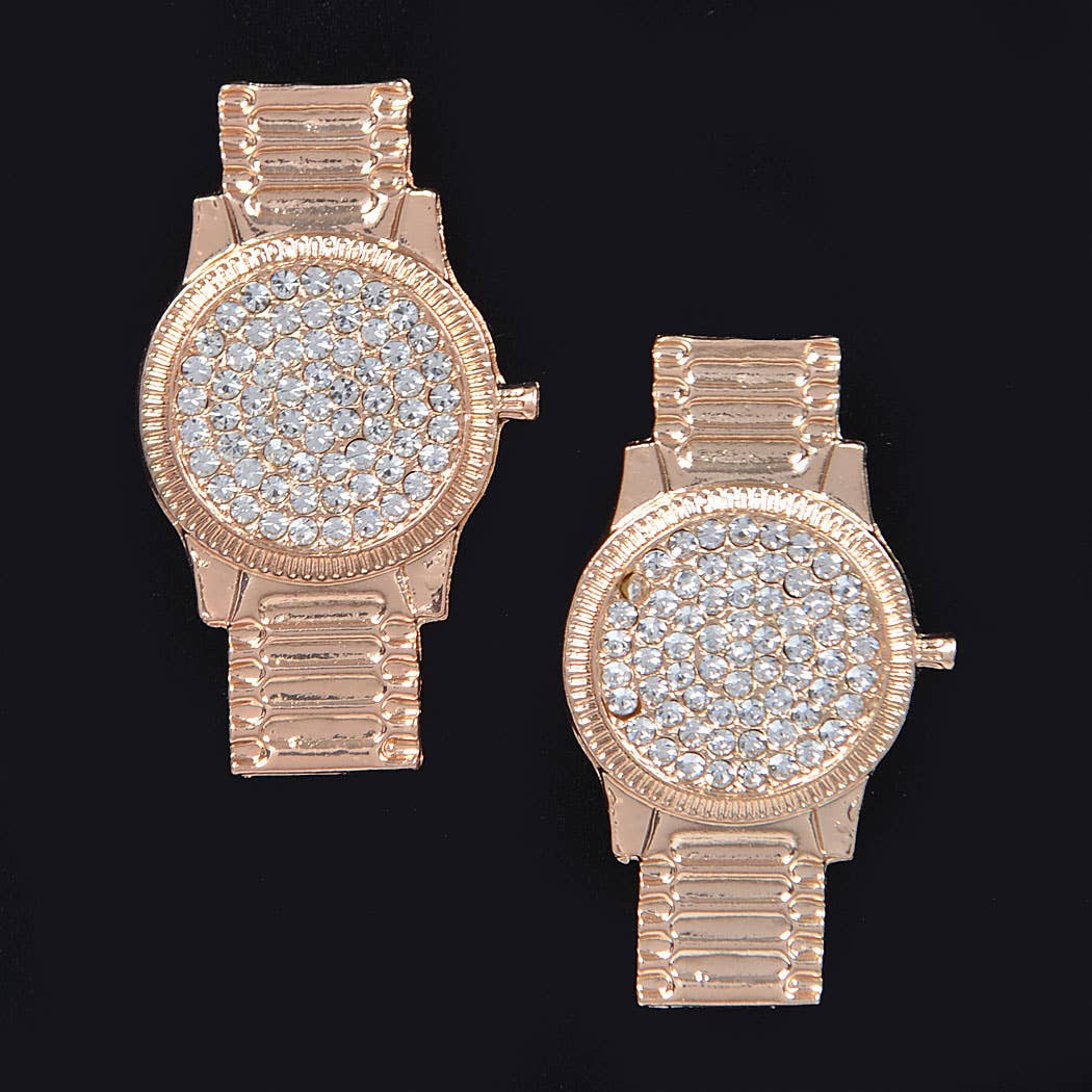 Rhinestone Watch Style Earring: Gold