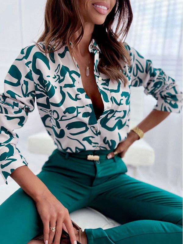 VividLux - Long Sleeves Loose Printed Lapel Blouses: GREEN / XL VividLux