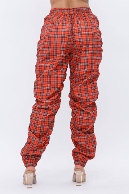 Plaid Print Wind Breaker Drawstring Shirring Jogger Pants- Green