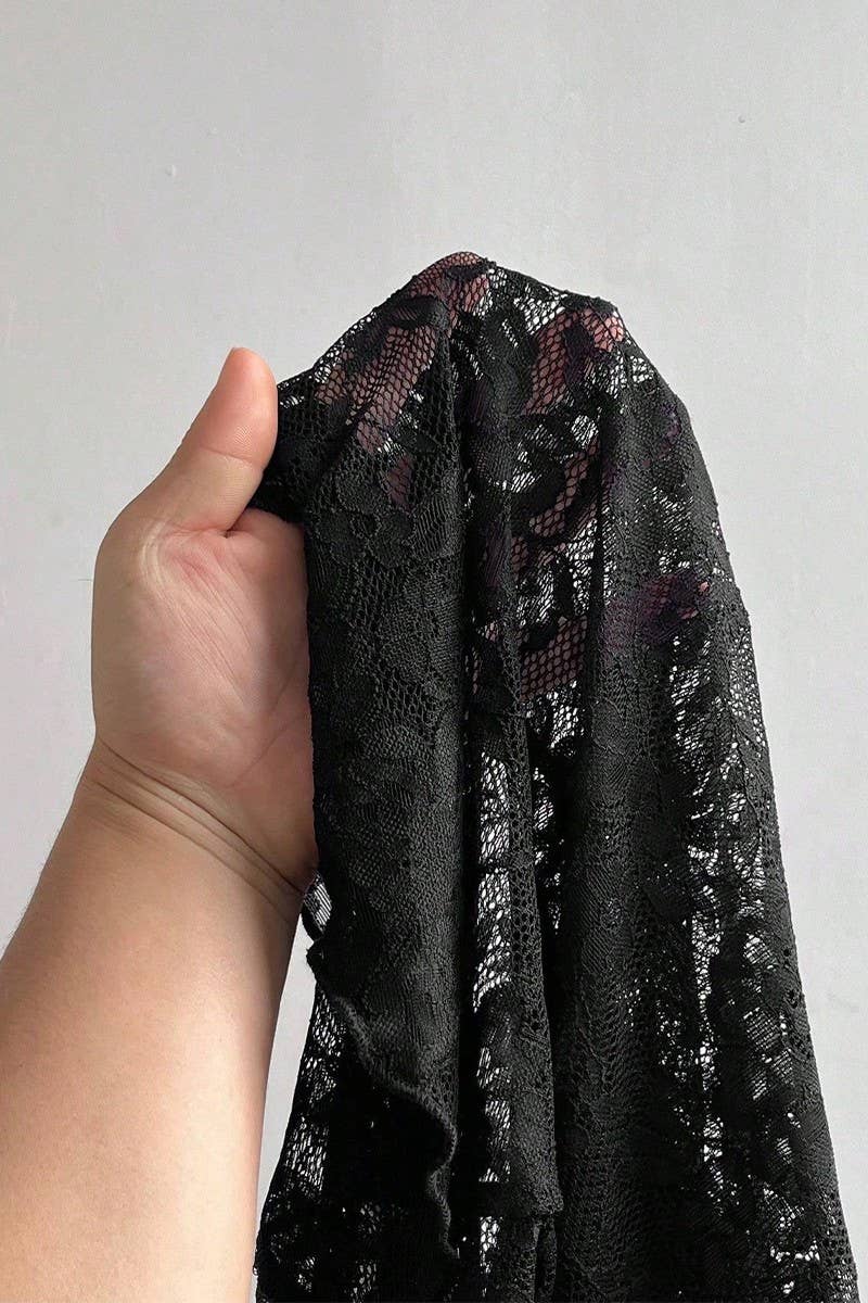 SHEER ROSE LACE SLIM FIT LONG SLEEVE TOP: BLACK