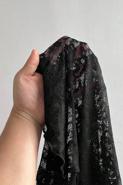 SHEER ROSE LACE SLIM FIT LONG SLEEVE TOP: BLACK