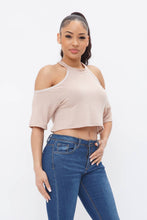 Load image into Gallery viewer, French Terry Solid Shoulder Cut Out Detail Half Sleeve Top-Khaki
