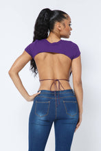 Load image into Gallery viewer, Rib Open Back String Tie Crop Top: Eggplant
