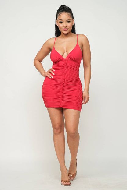 Front Deep V-Neck Ruched Shirring Mini Dress: Red Bodi Language for Women