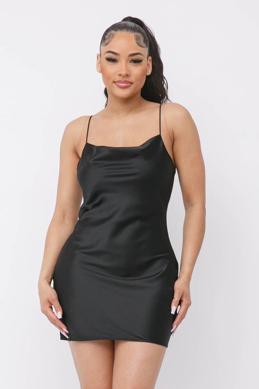 Satin Solid Cowl Neck Spaghetti Strap Bodycon Mini Dress: Black