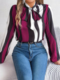 VividLux - Long Sleeves Loose Contrast Color Elasticity Striped Tied Mock Neck Blouses&Shirts Tops: BURGUNDY / XL VividLux