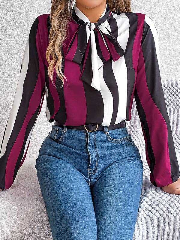 VividLux - Long Sleeves Loose Contrast Color Elasticity Striped Tied Mock Neck Blouses&Shirts Tops: BURGUNDY / L VividLux