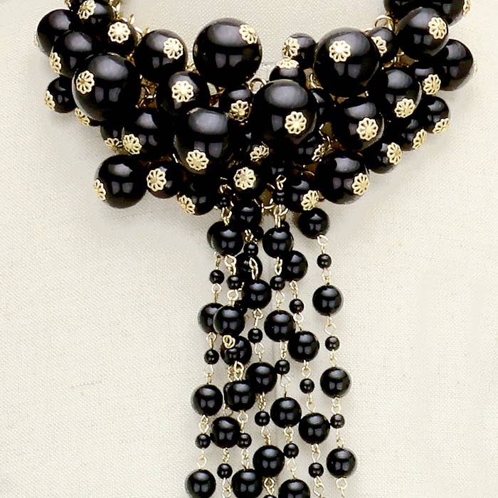 Pearl Cluster Vine Fringe Bib Necklace: Black,Gold
