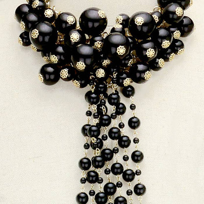 Pearl Cluster Vine Fringe Bib Necklace: Black,Gold