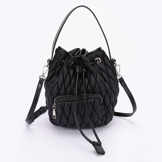 Quilted Faux Leather Bucket Bag: Black