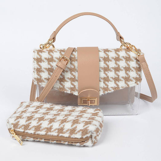 Houndstooth Tweed Transparent Clutch: Beige