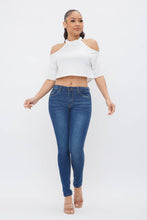 Load image into Gallery viewer, French Terry Solid Shoulder Cut Out Detail Half Sleeve Top- White
