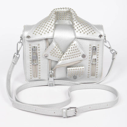 Vegan Leather Metal Studded Jacket Clutch: Silver